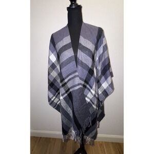Banana Republic Cashmere Blend Wrap Soft‎ Plaid Fringe Black Gray One Size NWT